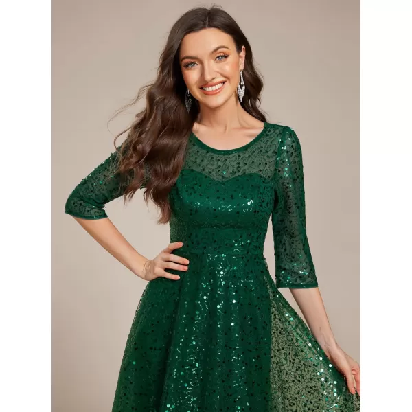 imageEverPretty Womens Round Neck 34 Sleeves Formal Dresses Sequin A Line Midi Wedding Guest Dress 02241Deep Green