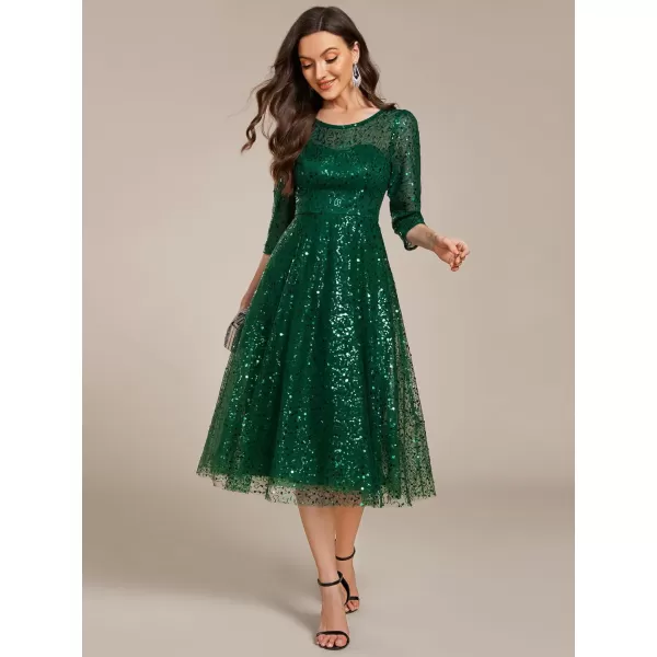 imageEverPretty Womens Round Neck 34 Sleeves Formal Dresses Sequin A Line Midi Wedding Guest Dress 02241Deep Green