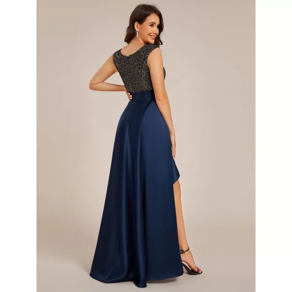 imageEverPretty Womens Round Neck Sleeveless Glitter Evening Dresses A Line High Low Formal Dresses 03667Navy Blue