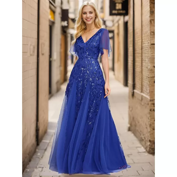 imageEverPretty Womens Sequin Sparkly VNeck Short Sleeve Maxi Evening Dress 00734Sapphire Blue