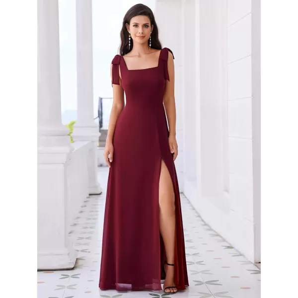 imageEverPretty Womens Summer Square Neck Sleeveless Bowknot A Line Split Maxi Bridesmaid Dresses 02216Burgundy