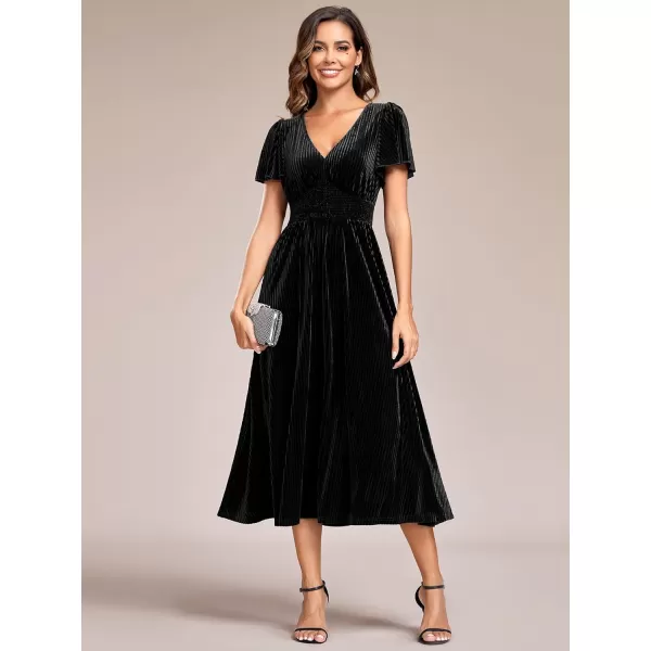 imageEverPretty Womens V Neck A Line Velvet Midi Dress Flutter Sleeve Ruched Bridesmaid Cocktail Party DressBlack