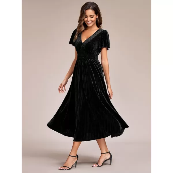 imageEverPretty Womens V Neck A Line Velvet Midi Dress Flutter Sleeve Ruched Bridesmaid Cocktail Party DressBlack