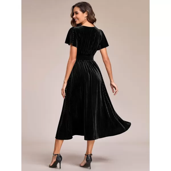 imageEverPretty Womens V Neck A Line Velvet Midi Dress Flutter Sleeve Ruched Bridesmaid Cocktail Party DressBlack