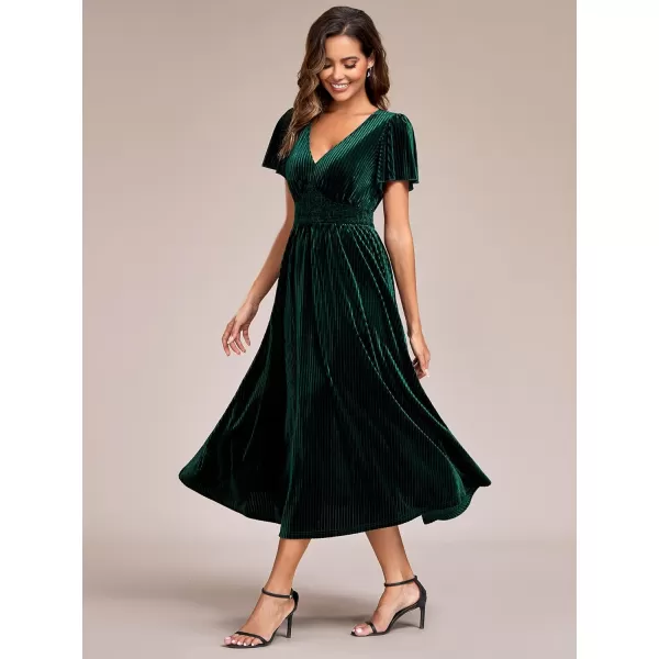 imageEverPretty Womens V Neck A Line Velvet Midi Dress Flutter Sleeve Ruched Bridesmaid Cocktail Party DressDeep Green