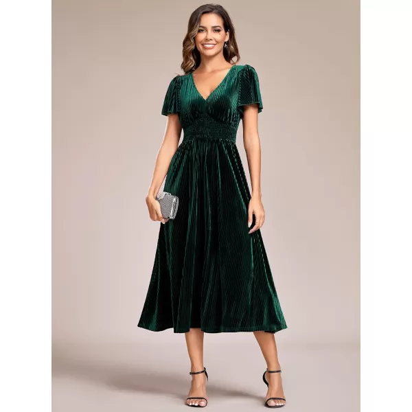 imageEverPretty Womens V Neck A Line Velvet Midi Dress Flutter Sleeve Ruched Bridesmaid Cocktail Party DressDeep Green