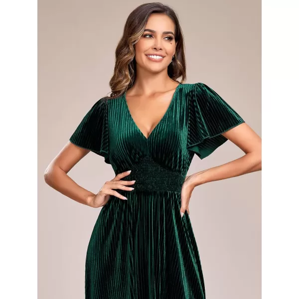 imageEverPretty Womens V Neck A Line Velvet Midi Dress Flutter Sleeve Ruched Bridesmaid Cocktail Party DressDeep Green