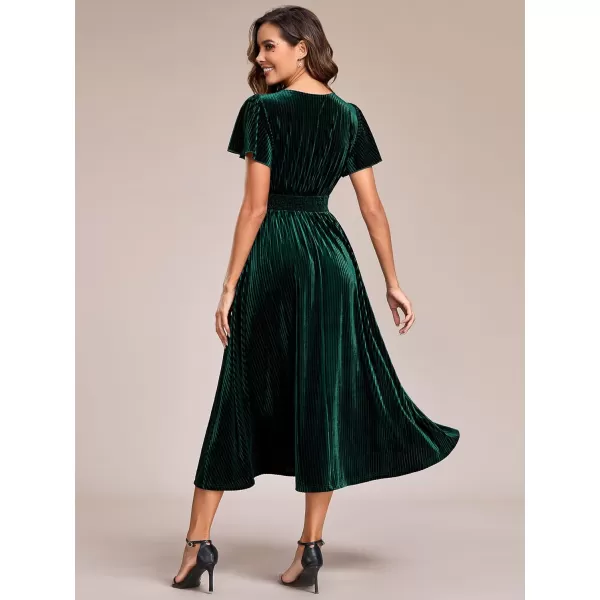 imageEverPretty Womens V Neck A Line Velvet Midi Dress Flutter Sleeve Ruched Bridesmaid Cocktail Party DressDeep Green