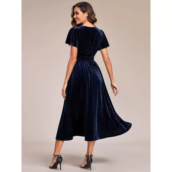 imageEverPretty Womens V Neck A Line Velvet Midi Dress Flutter Sleeve Ruched Bridesmaid Cocktail Party DressNavy Blue