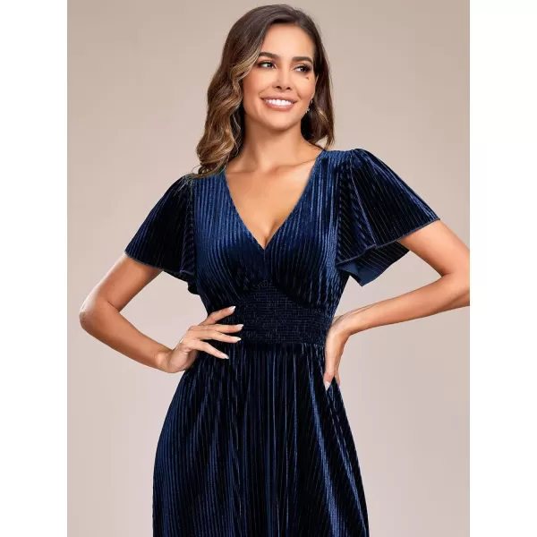 imageEverPretty Womens V Neck A Line Velvet Midi Dress Flutter Sleeve Ruched Bridesmaid Cocktail Party DressNavy Blue