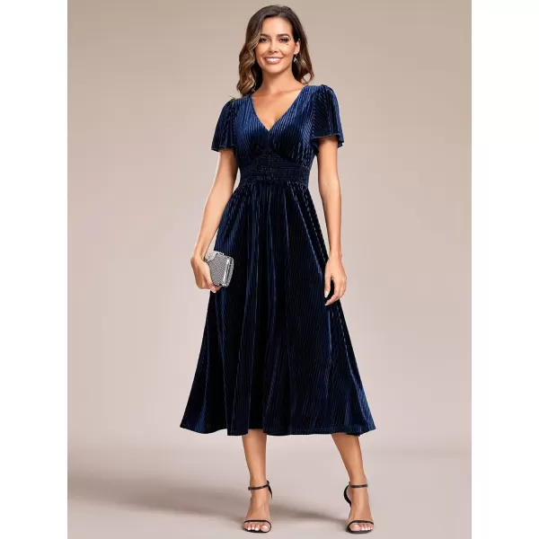 imageEverPretty Womens V Neck A Line Velvet Midi Dress Flutter Sleeve Ruched Bridesmaid Cocktail Party DressNavy Blue