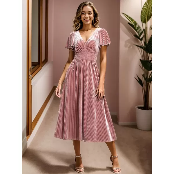 imageEverPretty Womens V Neck A Line Velvet Midi Dress Flutter Sleeve Ruched Bridesmaid Cocktail Party DressOrchid