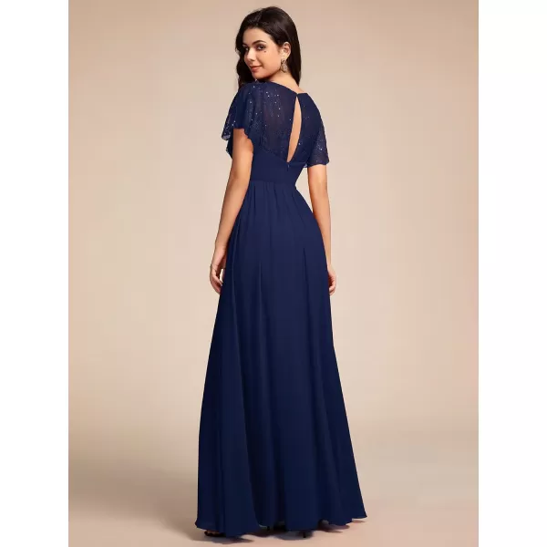 imageEverPretty Womens V Neck Short Sleeves Lace Embroidery Bridesmaid Dresses SeeThrough A Line Summer Dress 02196Navy Blue