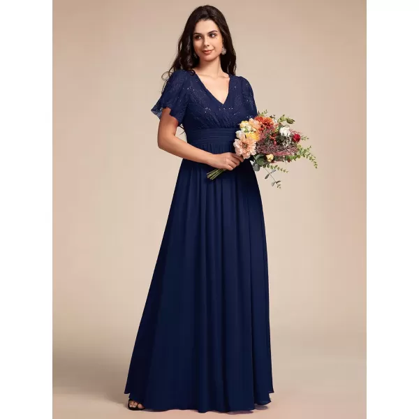 imageEverPretty Womens V Neck Short Sleeves Lace Embroidery Bridesmaid Dresses SeeThrough A Line Summer Dress 02196Navy Blue