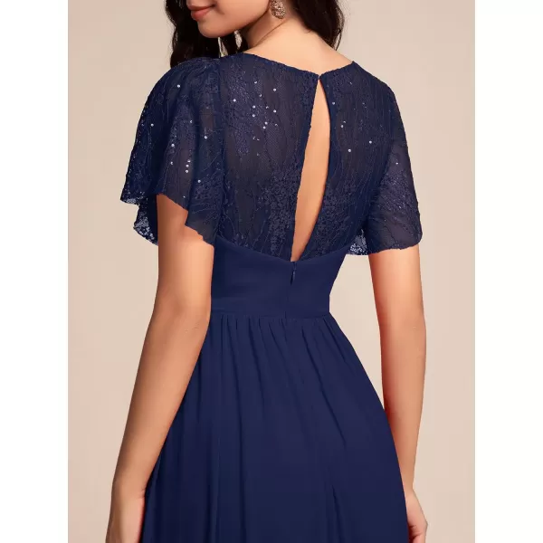 imageEverPretty Womens V Neck Short Sleeves Lace Embroidery Bridesmaid Dresses SeeThrough A Line Summer Dress 02196Navy Blue