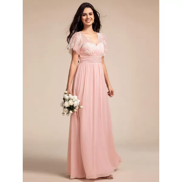 imageEverPretty Womens V Neck Short Sleeves Lace Embroidery Bridesmaid Dresses SeeThrough A Line Summer Dress 02196Pink