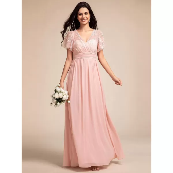 imageEverPretty Womens V Neck Short Sleeves Lace Embroidery Bridesmaid Dresses SeeThrough A Line Summer Dress 02196Pink