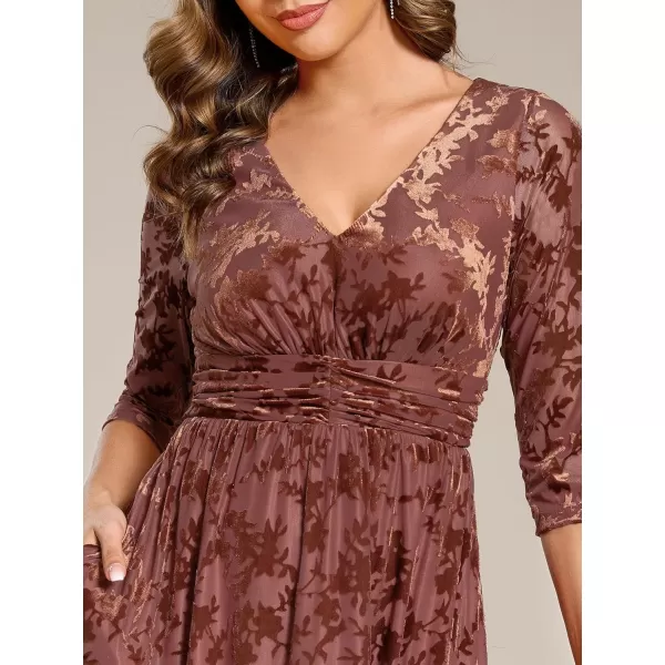 imageEverPretty Womens Velvet VNeck Elastic Waist A Line Long Sleeves Floral Print Formal Dresses with Pocket 02284Brown