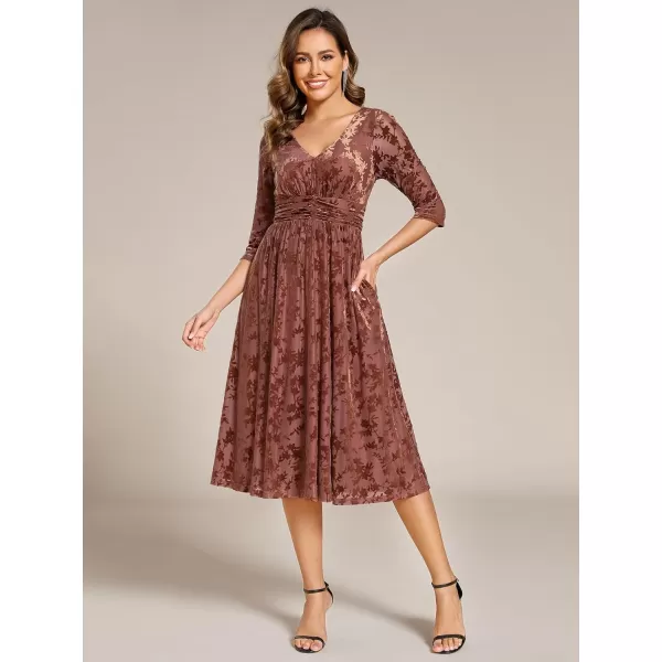 imageEverPretty Womens Velvet VNeck Elastic Waist A Line Long Sleeves Floral Print Formal Dresses with Pocket 02284Brown