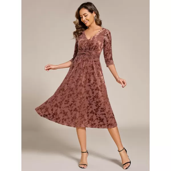 imageEverPretty Womens Velvet VNeck Elastic Waist A Line Long Sleeves Floral Print Formal Dresses with Pocket 02284Brown