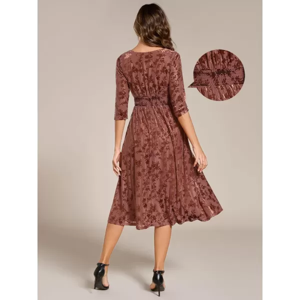 imageEverPretty Womens Velvet VNeck Elastic Waist A Line Long Sleeves Floral Print Formal Dresses with Pocket 02284Brown