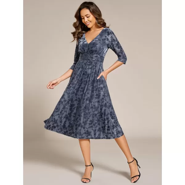 imageEverPretty Womens Velvet VNeck Elastic Waist A Line Long Sleeves Floral Print Formal Dresses with Pocket 02284Dusty Blue