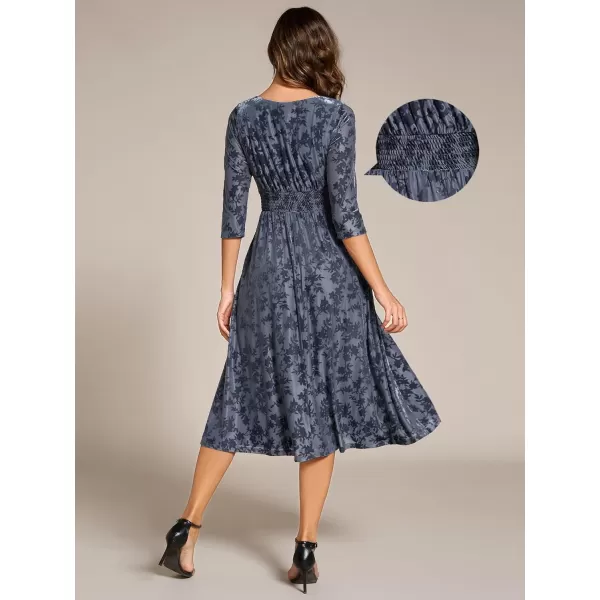 imageEverPretty Womens Velvet VNeck Elastic Waist A Line Long Sleeves Floral Print Formal Dresses with Pocket 02284Dusty Blue