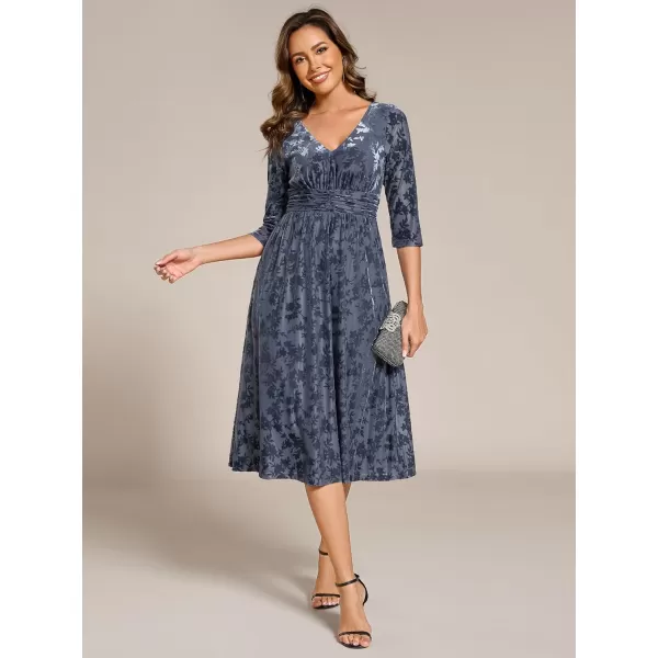 imageEverPretty Womens Velvet VNeck Elastic Waist A Line Long Sleeves Floral Print Formal Dresses with Pocket 02284Dusty Blue