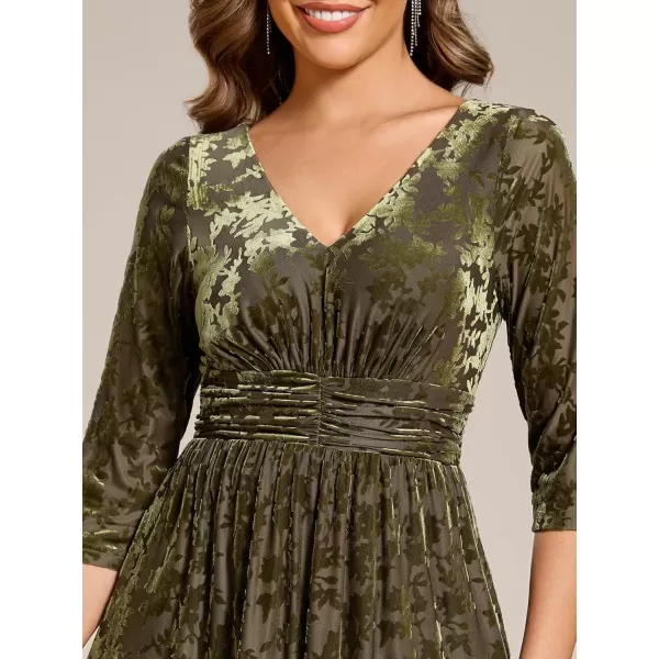 imageEverPretty Womens Velvet VNeck Elastic Waist A Line Long Sleeves Floral Print Formal Dresses with Pocket 02284Olive Green