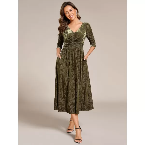 imageEverPretty Womens Velvet VNeck Elastic Waist A Line Long Sleeves Floral Print Formal Dresses with Pocket 02284Olive Green