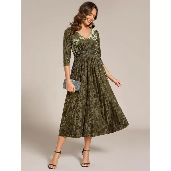 imageEverPretty Womens Velvet VNeck Elastic Waist A Line Long Sleeves Floral Print Formal Dresses with Pocket 02284Olive Green