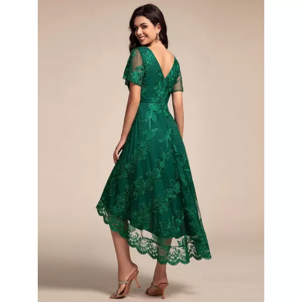 imageEverPretty Womens Wedding Guest Dress V Neck Ruffles Sleeves Embroidery High Low Formal Dresses 02255Dark Green