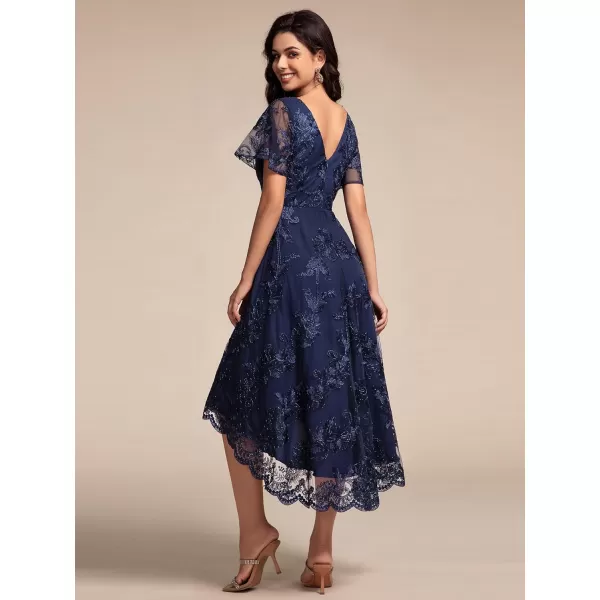 imageEverPretty Womens Wedding Guest Dress V Neck Ruffles Sleeves Embroidery High Low Formal Dresses 02255Navy Blue