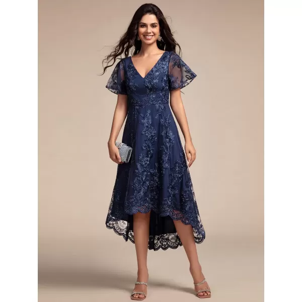 imageEverPretty Womens Wedding Guest Dress V Neck Ruffles Sleeves Embroidery High Low Formal Dresses 02255Navy Blue