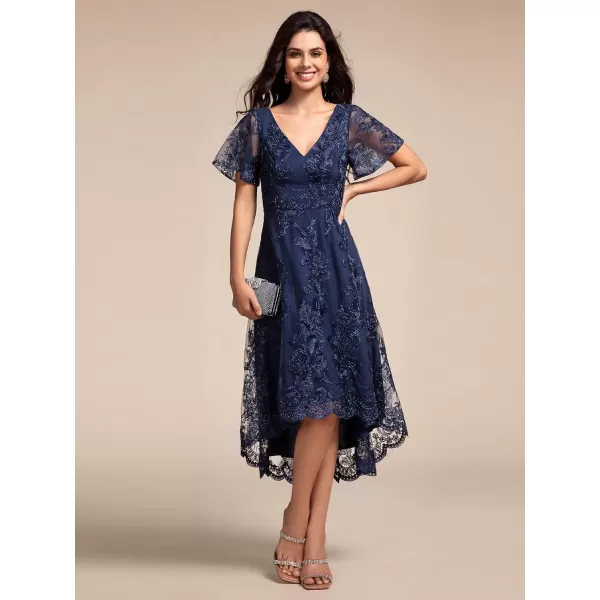 imageEverPretty Womens Wedding Guest Dress V Neck Ruffles Sleeves Embroidery High Low Formal Dresses 02255Navy Blue