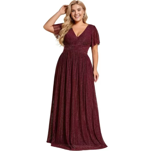 imageEverPretty Womens A Line V Neck Gliter Short Sleeves Pleated Plus Size Maxi Formal Evening Dresses 11961DABurgundy