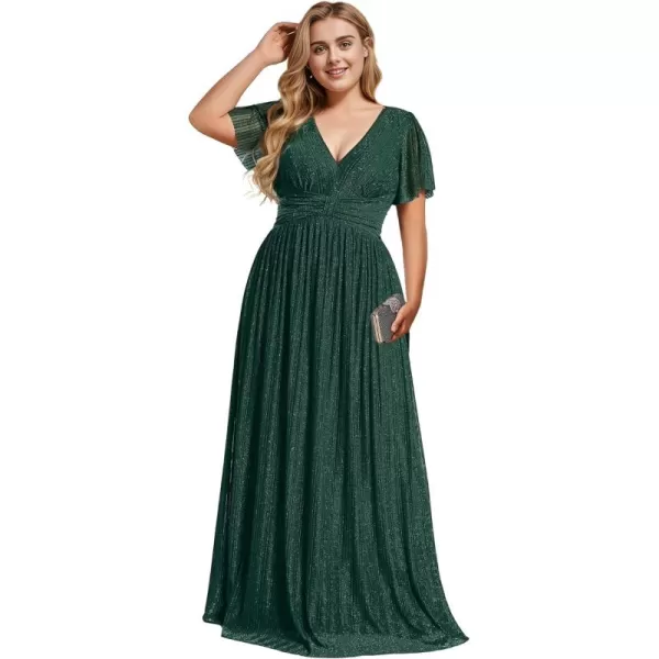 imageEverPretty Womens A Line V Neck Gliter Short Sleeves Pleated Plus Size Maxi Formal Evening Dresses 11961DADark Green