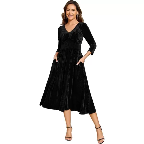 imageEverPretty Womens Classic Velvet VNeck Elastic Waist A Line Long Sleeves Wedding Guest Dresses with Pocket 02311Black