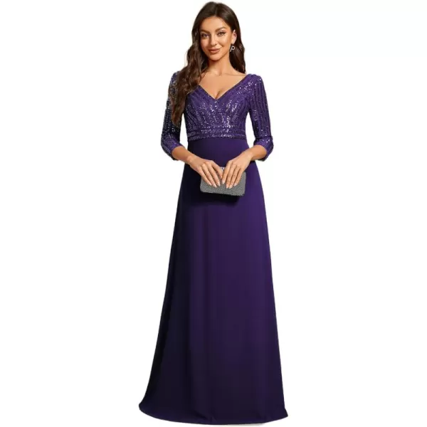 imageEverPretty Womens Elegant Formal Dress VNeck Long Sleeve Sequin Maxi Chiffon Evening Dresses 00751Deep Purple