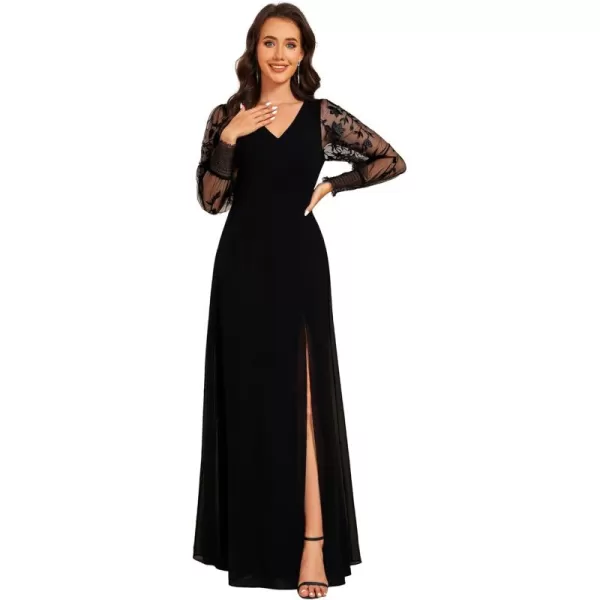 imageEverPretty Womens Elegant V Neck Floral Sheer Long Sleeves Slit Chiffon Maxi Evening Dresses 02251Black