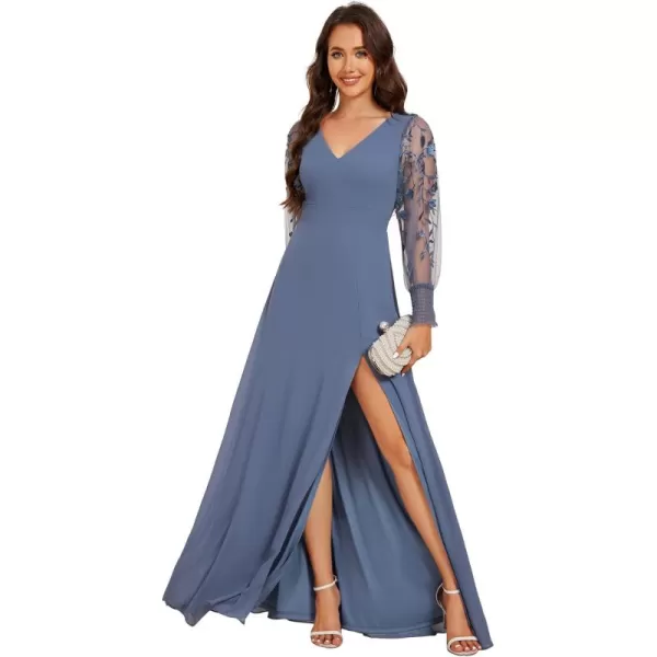 imageEverPretty Womens Elegant V Neck Floral Sheer Long Sleeves Slit Chiffon Maxi Evening Dresses 02251Dusty Blue