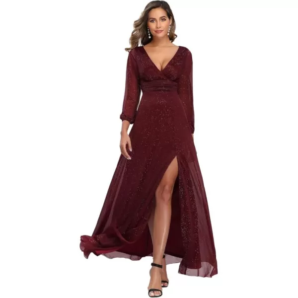 imageEverPretty Womens Evening Gown VNeck Front Wrap High Thigh Slit A Line Formal Dress 0739Burgundy