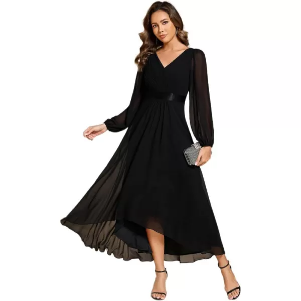 imageEverPretty Womens Fall Chiffon V Neck Long Sleeves HighLow Tea Length ALine Formal Wedding Guest Dresses 09894Black