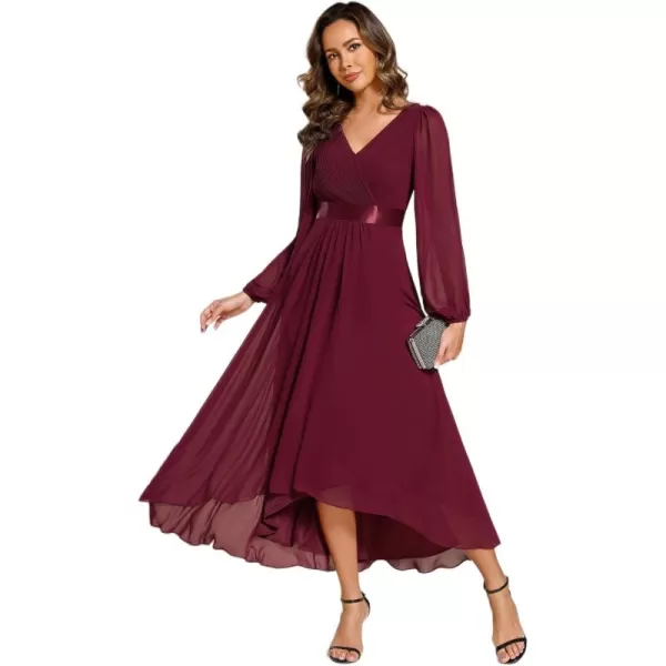 imageEverPretty Womens Fall Chiffon V Neck Long Sleeves HighLow Tea Length ALine Formal Wedding Guest Dresses 09894Burgundy