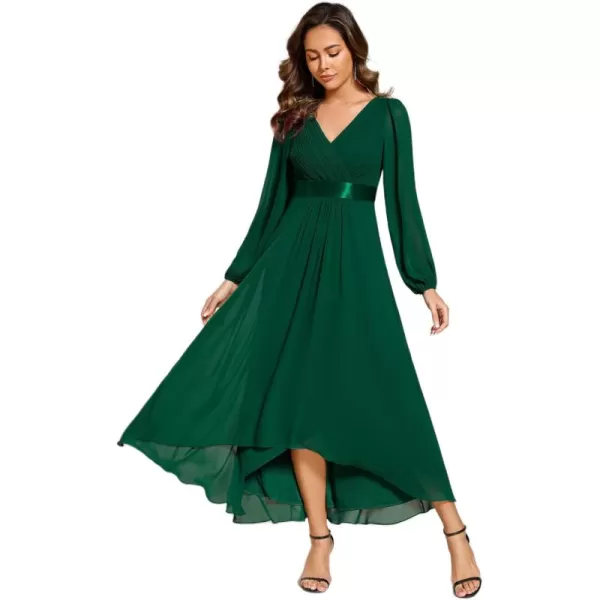 imageEverPretty Womens Fall Chiffon V Neck Long Sleeves HighLow Tea Length ALine Formal Wedding Guest Dresses 09894Dark Green