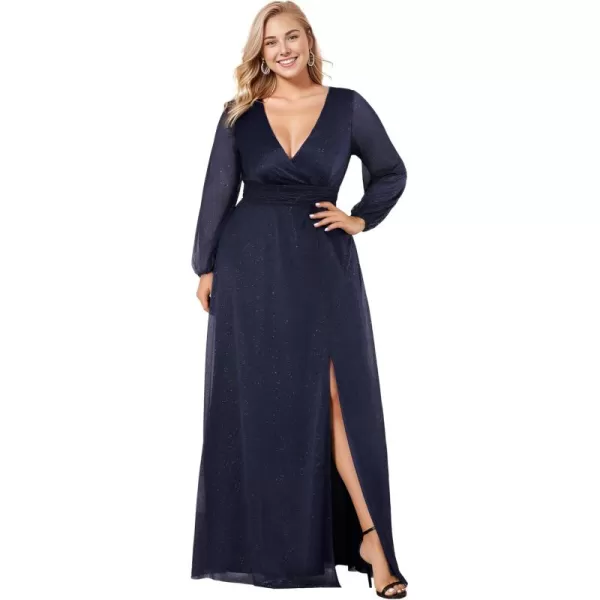 imageEverPretty Womens Glitter A Line High Slit VNeck Plus Size Formal Gowns and Evening Dresses 0739PZNavy Blue