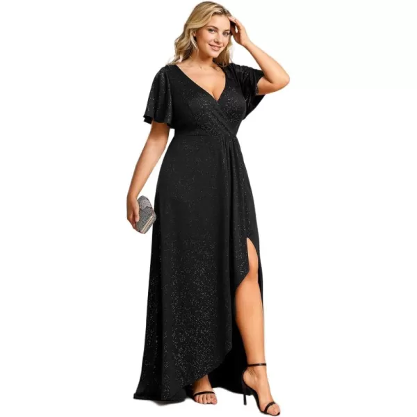 imageEverPretty Womens Glitter Aline High Low Ruffles Plus Size Wedding Guest Dresses Formal Dresses with Sleeves 01738PHBlack