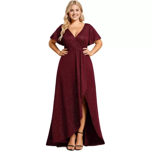 imageEverPretty Womens Glitter Aline High Low Ruffles Plus Size Wedding Guest Dresses Formal Dresses with Sleeves 01738PHBurgundy