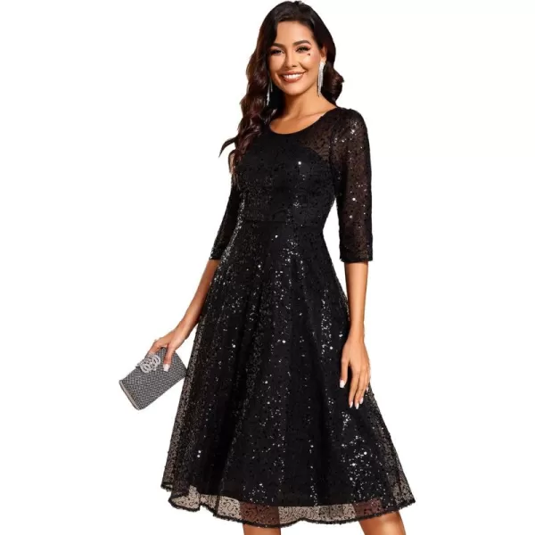 imageEverPretty Womens Round Neck 34 Sleeves Formal Dresses Sequin A Line Midi Wedding Guest Dress 02241Black