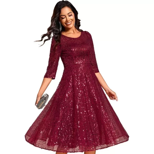 imageEverPretty Womens Round Neck 34 Sleeves Formal Dresses Sequin A Line Midi Wedding Guest Dress 02241Burgundy